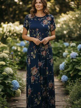 Pink blush maxi dress in blue floral print color
